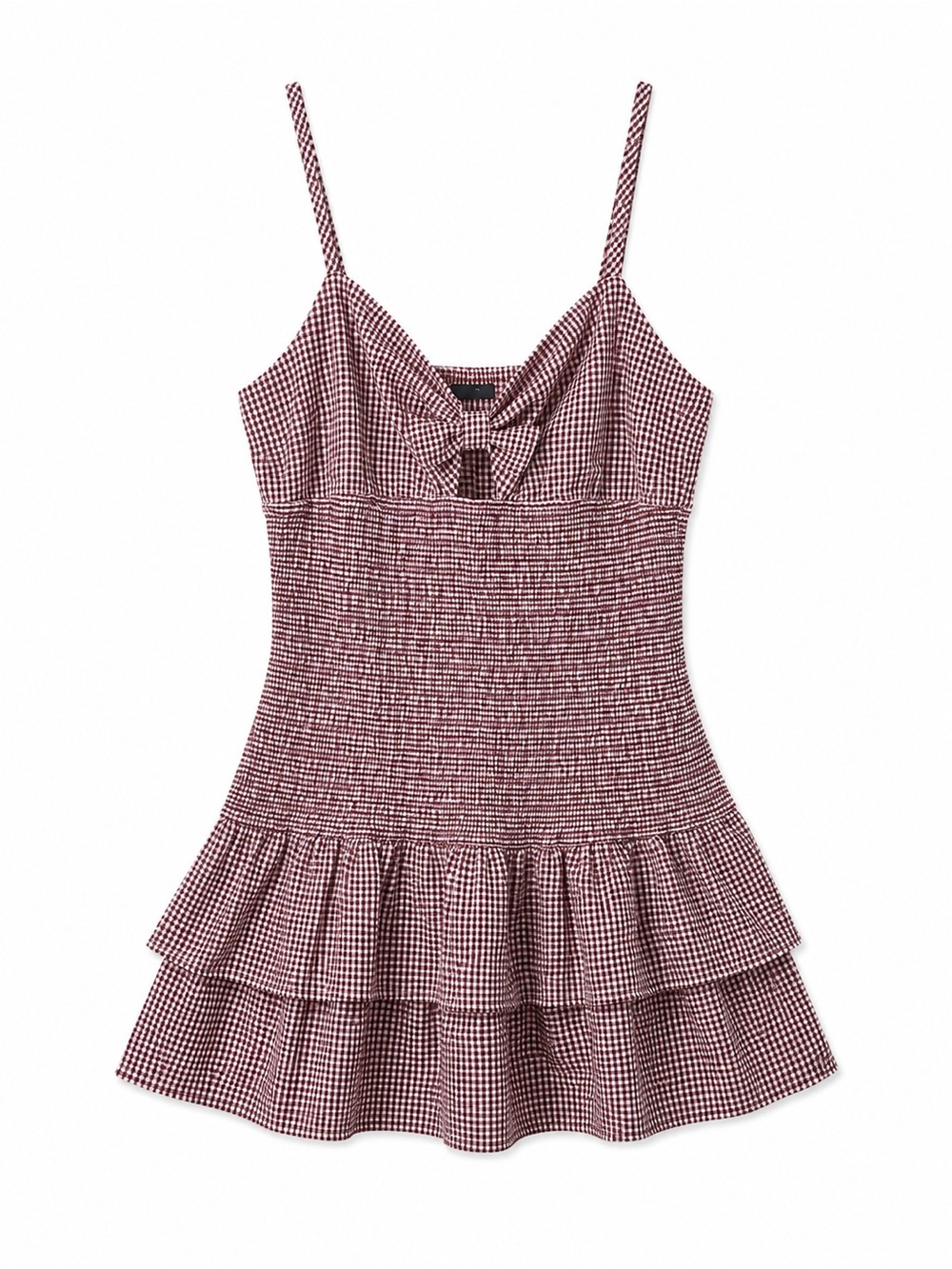 gingham sundress large  burgundy spaghetti  straps Fitted bodice  tiered ruffle